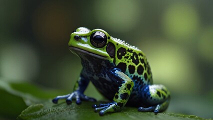 Obraz premium closeup portrait macro of poisonous green frog on leaf