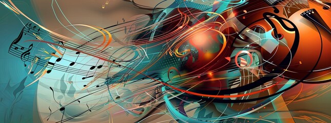 A dynamic, music-themed background with abstract notes and instruments.