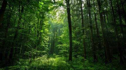 Obraz premium A dense forest teeming with a vibrant array of trees and lush greenery under a canopy of verdant leaves. Generative AI