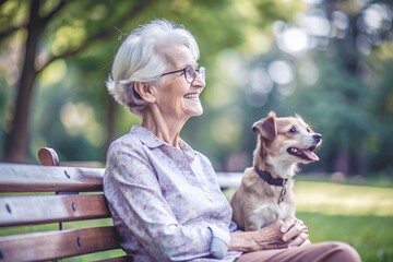 An elderly woman shares a serene moment with her loyal dog, sitting on a park bench surrounded by lush greenery. 