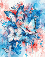 Watercolor Red Blue Floral and Butterflies Background