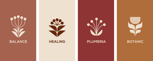 Minimalist Botanic graphic elements and logos. Flowers, simple plants and shapes vector illustrations. Modern Nordic design