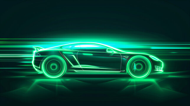 Futuristic green neon glowing electric car on dark background