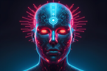 humanoid robot head representing artificial intelligence, with colorful digital elements symbolizing futuristic technology and innovation