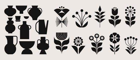 Collection of geometric flowers and vases, modern minimalist style elements. Black and white symbols, brand and logo elements