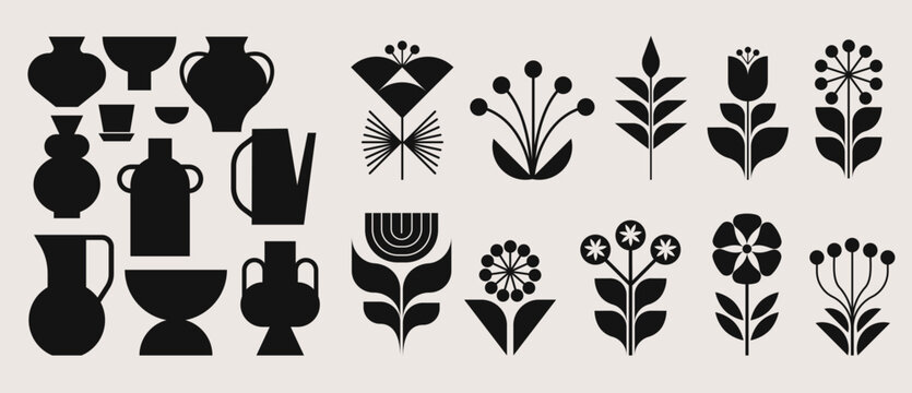 Collection of geometric flowers and vases, modern minimalist style elements. Black and white symbols, brand and logo elements