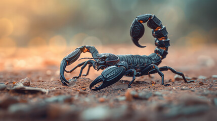 Scorpion with shiny black shell walking on textured ground, with slightly blurred background, Ai Generated Images