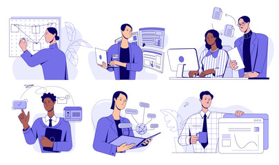 Set of scenes at office. Workers and employees of company perform business tasks, communicate with colleagues and develop strategy for success. Flat vector illustrations isolated on background