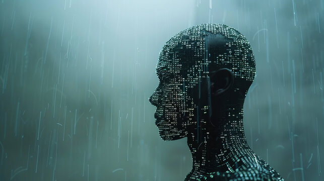 Humanoid silhouette filled with binary code in digital rain