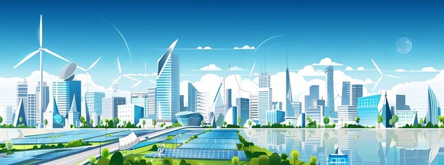 A futuristic cityscape with buildings powered by wind turbines and solar panels. Clear blue sky and greenery integrated into urban design.