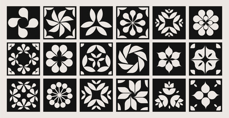 Collection of geometric patterns, tiles with flowers and shapes, modern minimalist style elements. Black and white symbols, brand and logo elements