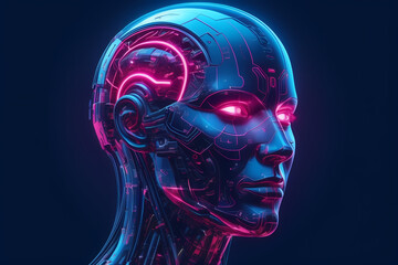 Obraz premium humanoid robot head representing artificial intelligence, with colorful digital elements symbolizing futuristic technology and innovation