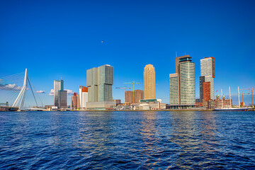 Fototapeta premium Holland Travel Destinations. Scenic Picturesque Cityscape View of Rotterdam Harbour and Port With Swan Bridge