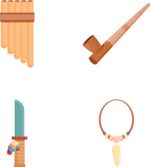 Aboriginal accessory icons set cartoon vector. Culture and life aboriginal tribe. South africa