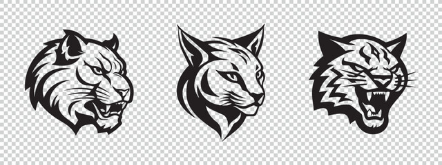 Black bobcat mascot logo icons set on transparent background
