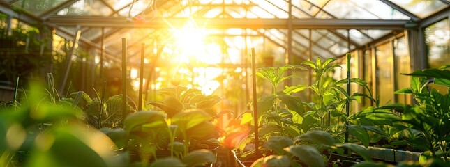 A greenhouse filled with plants and a sun shining through the glass