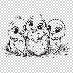 Chicks hatching from eggs, vector illustration on transparent background for kids coloring book