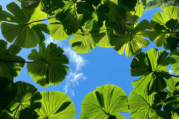 Looking up at the canopy of lush green leaves on a sunny day