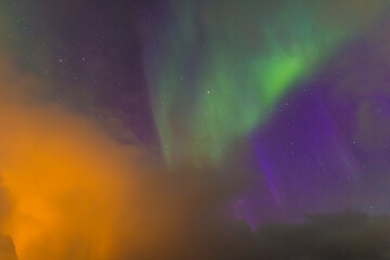 Lofoten Travel Ideas. Picturesque Aurora Borealis Known as Nother Lights Playing with Vivid Colors Over Lofoten Islands