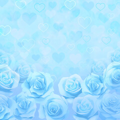 薔薇とハート　青と水色　素材　模様　おしゃれ　さわやか　ギフト　メッセージカード　ポスター　正方形