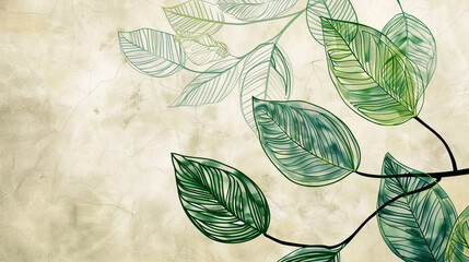 Minimalist green leaves illustration on beige background