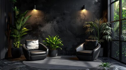 super nice looking black podcast studio, with 2 main lights, cocooning, with a plant, modern, 4k