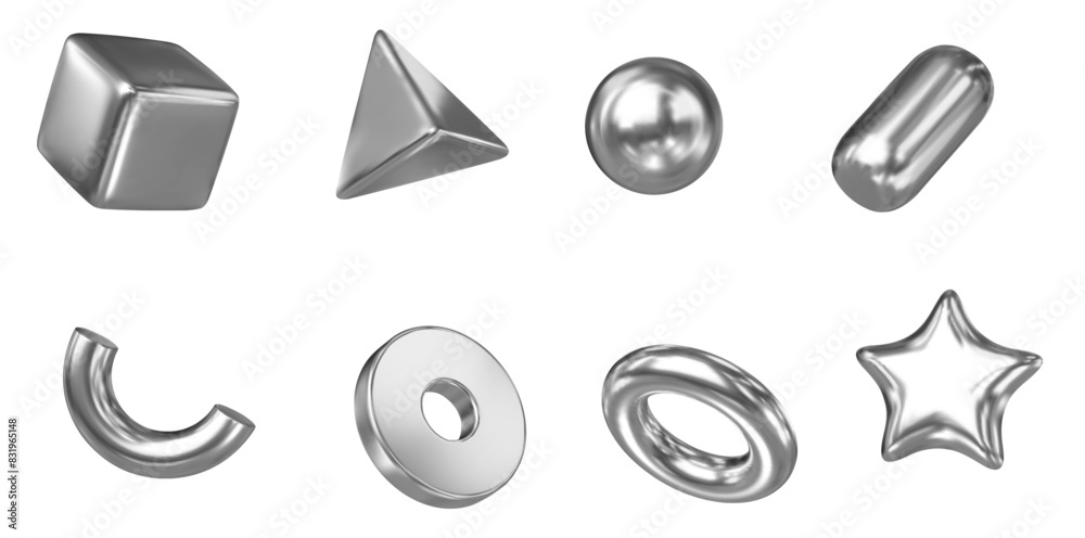 Wall mural 3d set metal shapes: square, sphere, pyramid, torus, star, icosphere, disk, capsule. silver simple f