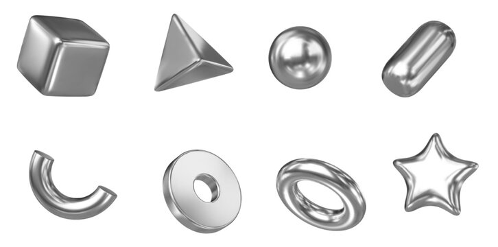 3d set metal shapes: square, sphere, pyramid, torus, star, icosphere, disk, capsule. Silver simple figures for your design on isolated background. Stock vector illustration on isolated background.