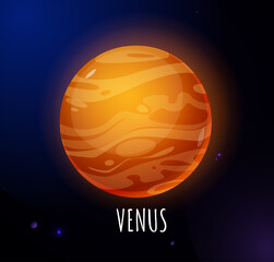 Solar system planet. Colorful sticker with round globe of planet Venus. Object from cosmos or outer space. Studying Astronomy. Cartoon flat vector illustration isolated on starry sky background © Rudzhan