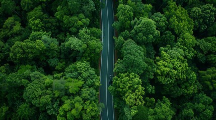 Aerial view green forest and asphalt road, Top view forest road going through forest with car adventure, Ecosystem ecology healthy environment road trip travel