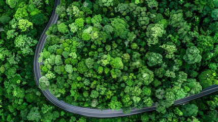 Aerial view green forest and asphalt road, Top view forest road going through forest with car adventure, Ecosystem ecology healthy environment road trip travel