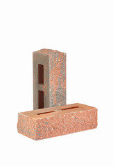 One Pair of Aged Old Red Bricks With Rectangular Wholes for Construction Isolated on White.