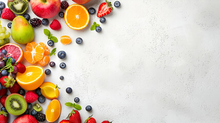 Different fruits are on white wooden table and looking so tasty with white background