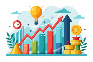 Graph with rising arrow symbolizing inflation growth and  rising electricity prices, surrounded by economic indicators in minimalist infographic style on white background