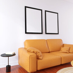 Living Room Wall Poster Frame Mockup of a Modern Interior Design and 3D Render