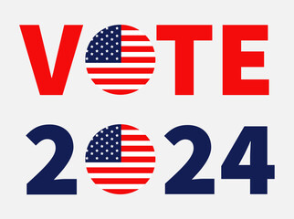 Vote 2024 red blue text. Badge button icon with American flag Star and strip sign symbol. President election day. Voting concept. Greeting card banner. Flat design. Isolated. White background. Vector