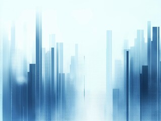 A digital abstract of a cityscape in shades of blue, featuring tall, geometric buildings with a misty, ethereal atmosphere.