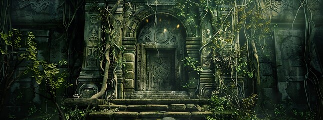 A mystical, ancient temple background with overgrown vines and mystical symbols.