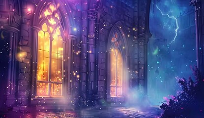 A mystical, enchanted castle background with glowing windows and magical elements.