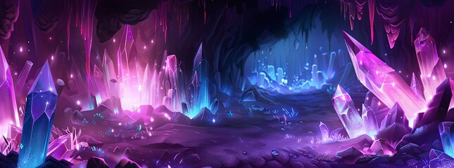 A mystical, crystal cave background with glowing stalactites and gemstones.