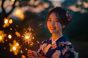 手持ち花火をする女性