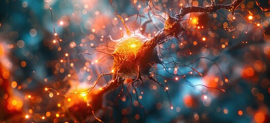 Closeup illustration of neurons with synapses glowing, depicting neural communication and connectivity content focusing on brain function and neurological processes, with a soft, detailed background