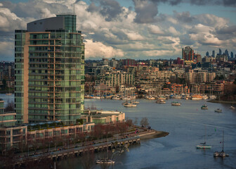 Cityscape of Vancouver with waterfront and tall buildings