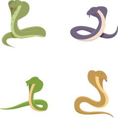 King cobra icons set cartoon vector. Cobra snake cartoon mascot character. Animal, reptile