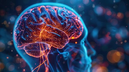 Obraz premium Closeup view of a human brain highlighting pain or headache, featuring intricate details and bright hues highlighting the complexity and function of the brain during headache or pain