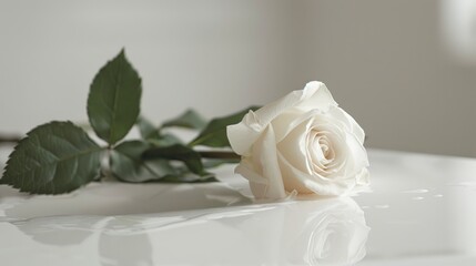 A solitary white rose resting on a white surface