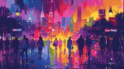 A captivating poster celebrating LGBTQ+ Pride Month, featuring a lively illustration of a rainbow-colored cityscape bustling with activity. Diverse people walk hand in hand down vibrant streets