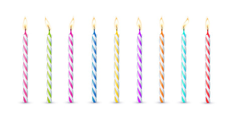 3d realistic colorful candles for birthday cake. Holiday candles with burning flames candlelight on wicks, celebration objects. Vector