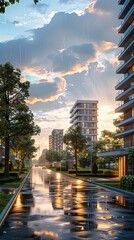 Naklejka premium ultrarealistic image, 1story house between highrise apartments, street in front, wide angle