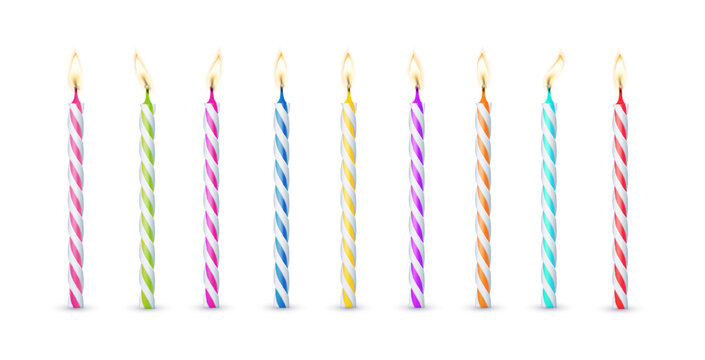 3d realistic colorful candles for birthday cake. Holiday candles with burning flames candlelight on wicks, celebration objects. Vector
